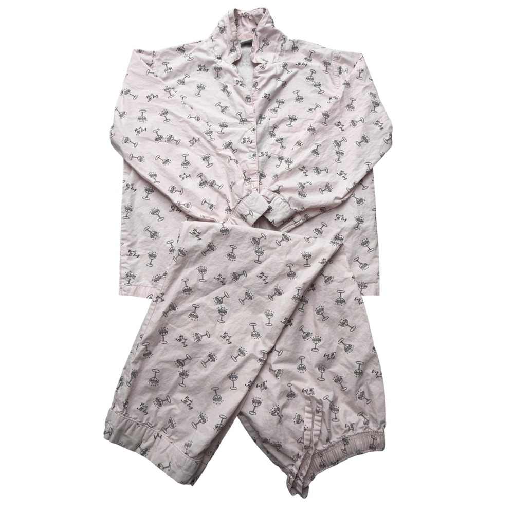 8 Oak Lane Pajama Set Womens L/XL Pink Rosé All Day‎ Wine Glass Print Cotton